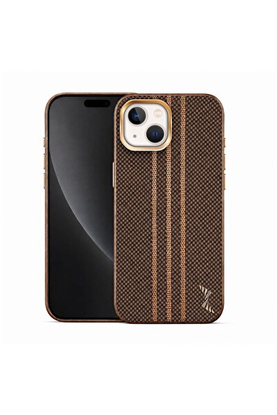 Zebana Apple iPhone 15 Uyumlu Kılıf Goldrix Karbon Fiber M-Safe Kılıf Kahverengi