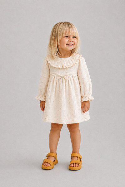 Elo Cotton Ekru Baby Dress with Ruffled Collar