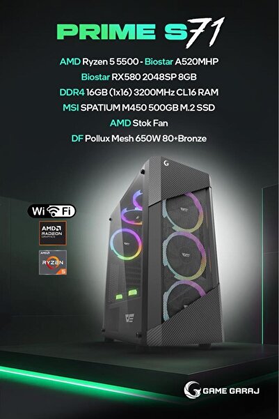 Game Garaj Prime S71 AMD R5 5500 16GB RAM 500GB SSD RX580 FreeDOS Oyuncu OEM Paket