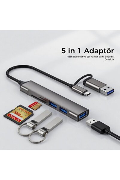 Sezy USB 3.0 USB Çoklayıcı 5 in 1 USB-A ve USB Type C Kablolu Micro SD ve SD ...