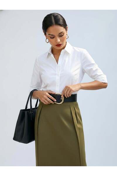 FARREN Women's Khaki Half-Knee Length Skirt – Curve Fit |   Flexible Form |   Relaxed Posture