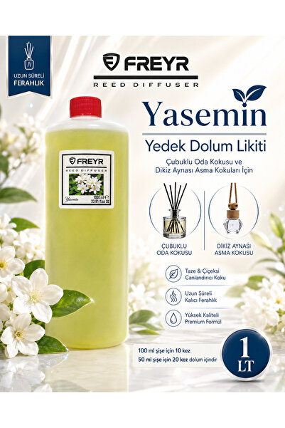FREYR Oda Kokusu Çubuklu 100 ml Yasemin Çubuklu Oda Kokusu ve 1 Litre Yedek Dolum Likiti Bambu Çubuklu Ortam Kokusu Seti