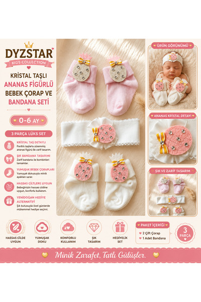 DYZSTAR Crystal Stone Pineapple Figured Baby Socks and Bandana Set 3 Piece Ne...