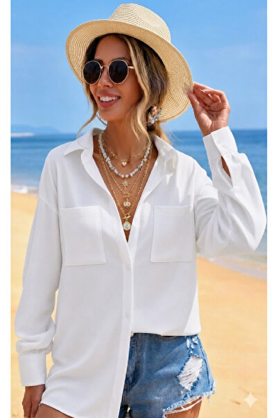 BORCKA TEKSTİL Λευκό Oversize Γυναικείο Πουκάμισο με Λεπτομέρεια Μονής Τσέπης