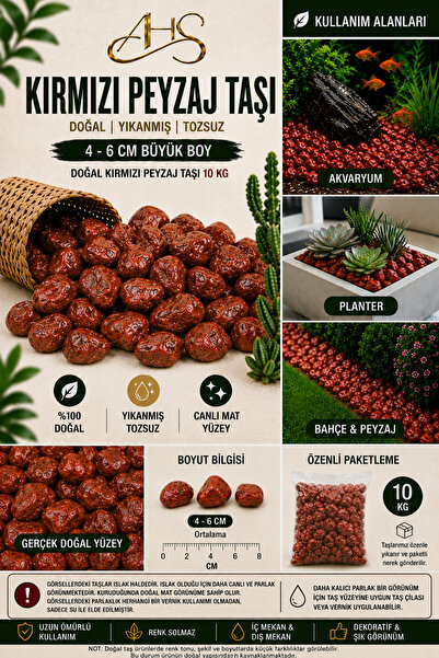 AHS Kırmızı Bordo Dolomit Çakıl Taşı 4-6 Cm 10 Kg Dekoratif Bahçe Peyzaj Saks...