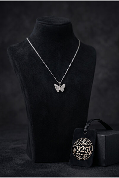 Roza Silver 925 Ayar Zirkon Taşlı Rodyum Kabartmalı Kelebek Gümüş Kolye