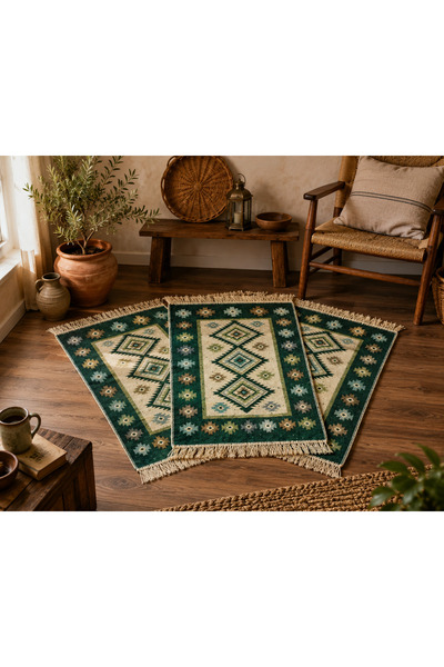 OEM Set 3 covoare tradiționale țesute, bumbac, reversibile, 60x90 cm, verde, ...