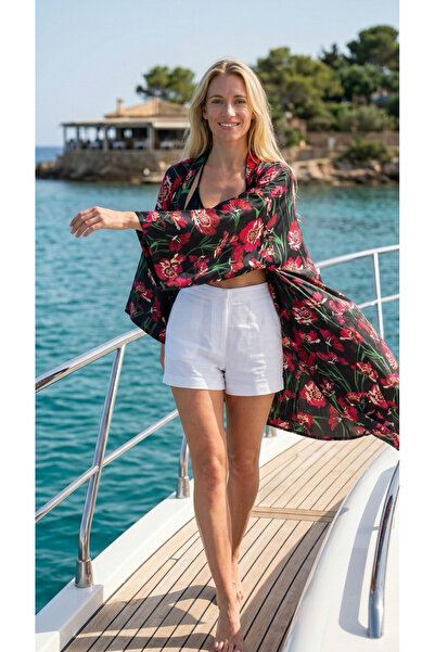 LİLA MARE Saten Kumaşlı Handmade Beachwear Yazlık Kimono Standart Bedenlere (...