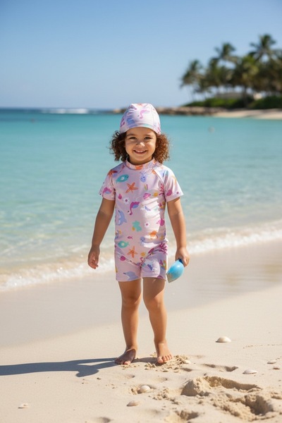 mirkidsclub Kız Çocuk Unicorn Desenli UV Korumalı Deniz Mayo Tulum + Bone Set...