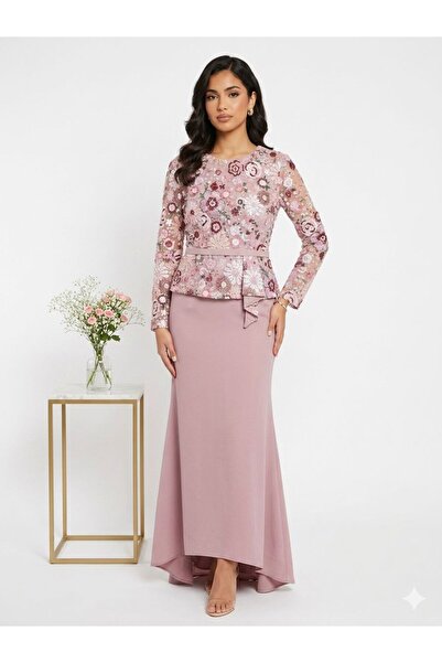 sea gulf Floral Embroidered Long Sleeves Gown Evening Gown