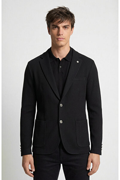 Network Siyah Slim Fit Gofre Desen Örme Ceket