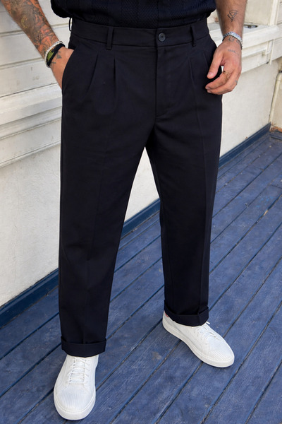 DAMGA JEANS Men's High Waist Regular Fit Black Fabric Trousers