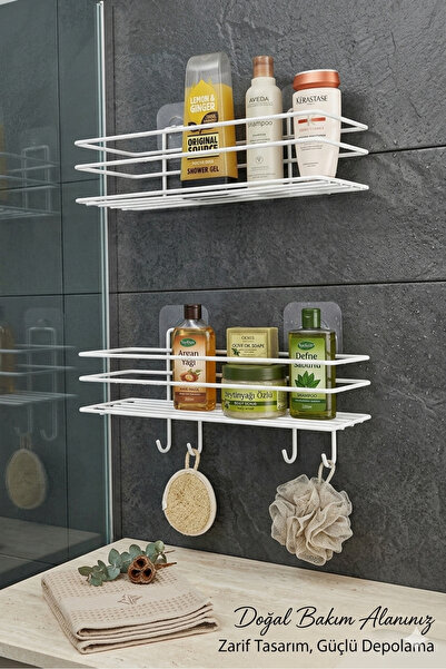 TncPatiShop Αυτοκόλλητο ράφι κουζίνας μπάνιου με 4 γάντζους 2 τεμάχια οργανωτ...