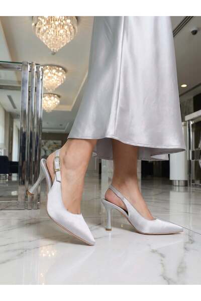 Nesil Shoes Uraz 800 Silver Satin Open Back Heeled Women's Shoes
