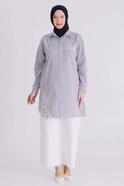 ottoman wear Behrem Büyük Beden Tesettür Çizgili Tunik Lacivert OTW23037