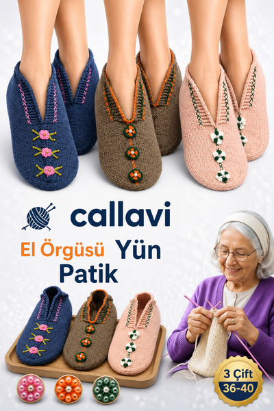 CALLAVI Orjinal El Örgüsü yün patik çorap