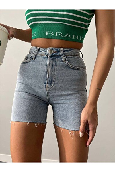 HerTon Pantaloni scurți din denim cu talie înaltă pentru femei, cu franjuri, ...