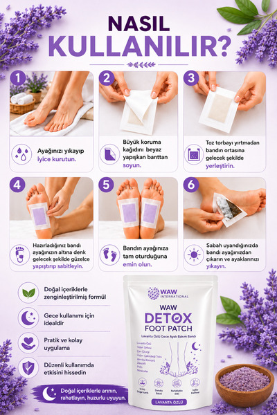 waw international WAW Detox Foot Patch 10 Adet – Lavanta Özlü Gece Ayak Bakım Bandı