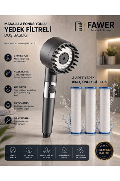 FAWER Faucet & Shower Masajlı 3 Fonksiyonlu Filtreli Antrasit El Duşu ve Yede...