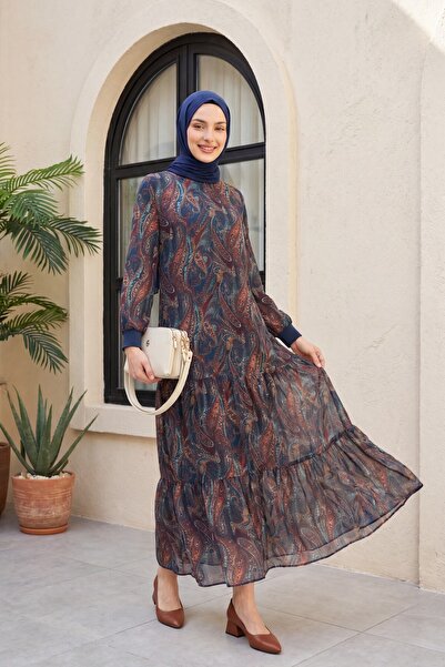 Modamorfo Ethnic Pattern Patchwork Hem Lined Chiffon Dress - Emerald