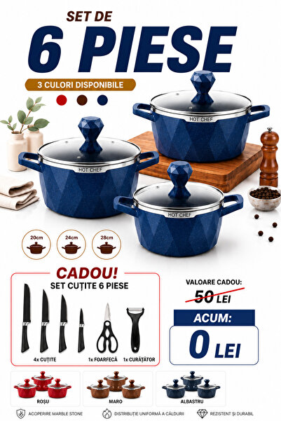 Hotchef HomeRoy – Set Oale 6 Piese Marble Stone + Cadou Set Cuțite 6 Piese