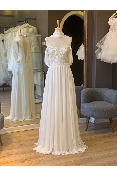 Lenta Wedding Beyaz Şal Detaylı Şifon Nişan Ve Gece Elbisesi