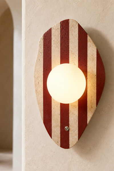 Baz Aydınlatma Push Travertine Marble Wall Sconce with Burgundy Stripes and Buttoned Opal Glass, Modern Decorative Sconce, G9 Bulb Included
