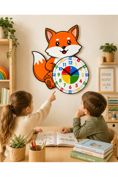 karbonsoft Montessori Eğitici Tilki Temalı Çocuk Duvar Saati | Renkli Ahşap S...