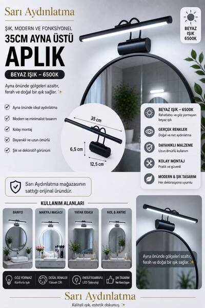 Sarı Aydınlatma 35cm Black Case Led Table and Mirror Top Sconce White Light M...