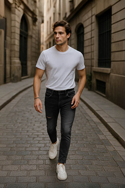 Bluewhite Pantaloni de jeans antracit cu detaliu rupt pentru bărbați