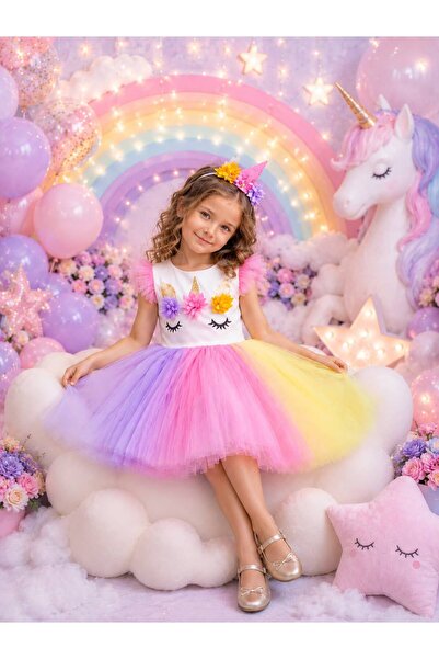 HMZ GOLD Rochie de ziua de naștere cu coroană din tul colorat cu unicorn Roch...