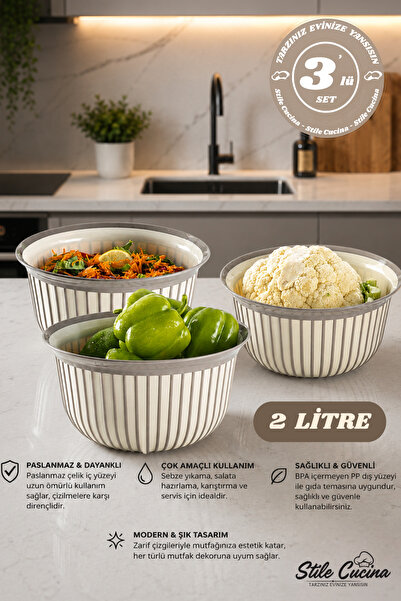 Stile Cucina 3-Piece Economical Linea Round Bowl Set Beige (3 X 2 Liters)