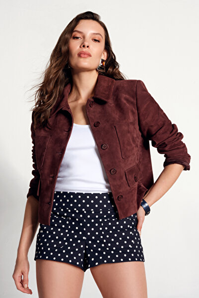 Derimod Cassandra Kadın Bordo Slim-Fit Süet Deri Ceket 26SGD565010