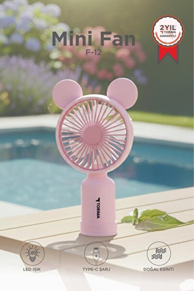 Torima Şarjlı El Vantilatörü Ayıcık Kulaklı 2 Kademeli Işıklı Mini Fan F12 Pembe
