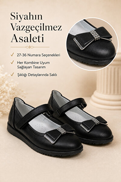 fao shop 7/24 Girl's Black Ballerina Shoes, Size 31, Orthopedic Sole, Strappe...