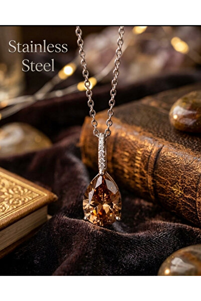 stainless steell gümüş renk zincirli sıra taşlı amber damla model çelik kolye