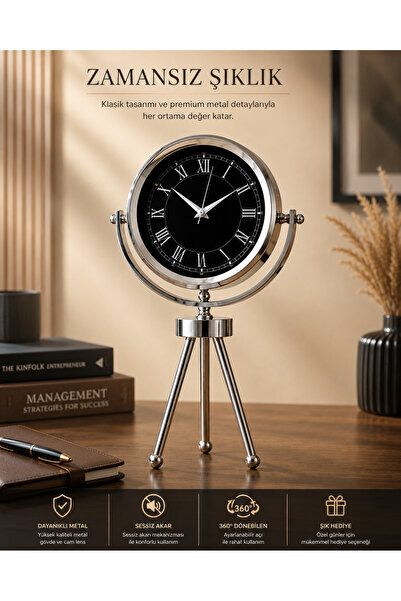KOLAYEV Dekoratif Krom Metal Tripod Masa Saati Siyah Kadran 45x26 Cm Sessiz M...