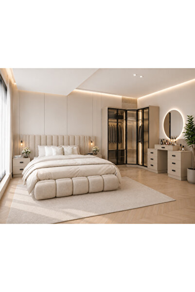 Vanmed Home % 100 MDF 7 Kapılı Köşe Yatak Odası Takımı Kum Beji