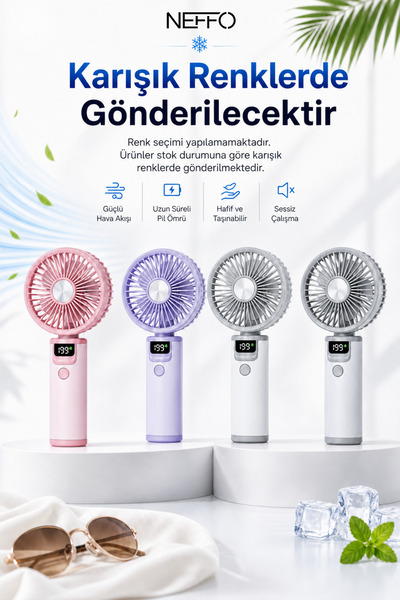 NEFFO Mini Klima Led Göstergeli Şarjlı El Fanı Vantilatör 5 Kademeli Hız Seri...