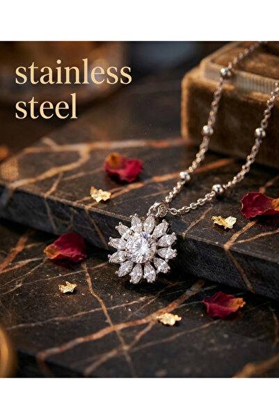 stainless steell قلادة فضية اللون بحجر دائري على شكل كرة مع سلسلة فولاذية