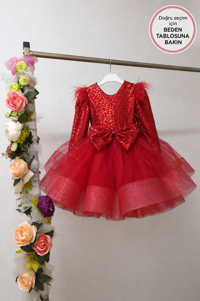 Kidstore Kız Çocuk Kırmızı Eteği Dalgalı Kabarık Elbise