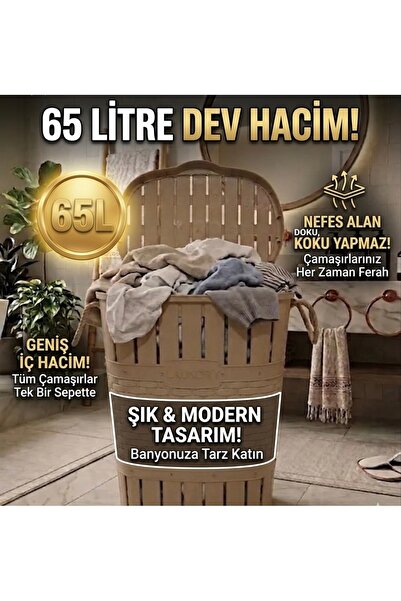 Buclee 65L Dekoratif Kapaklı Banyo Kirli Çamaşır Sepeti - Geniş Hacim ve Hası...