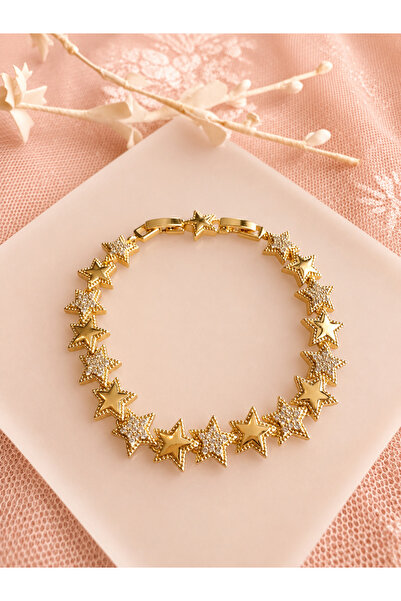 JEWELERY Gold Zirkon Taşlı Yıldız Günlük Kullanıma Uygun Pirinç Bileklik