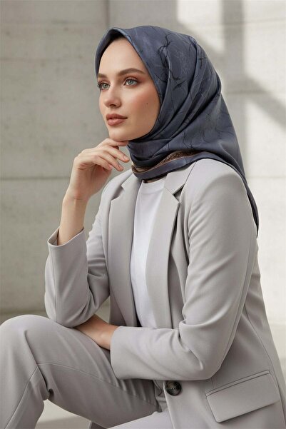 Vissona % 57 İPEK % 43 VİSKON Twill İpek Mermer Desenli Gri Renkli 90x90 Eşar...
