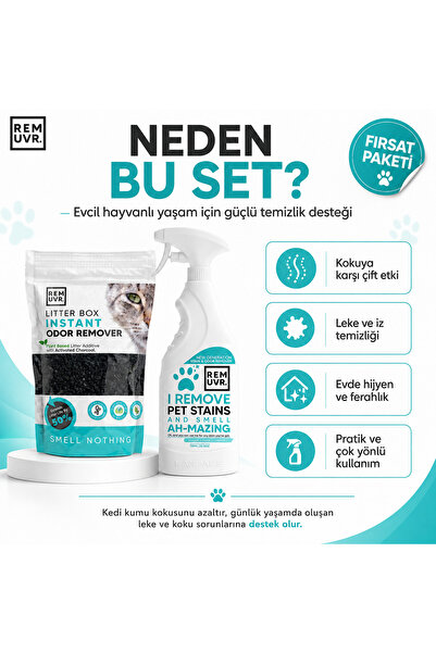 REMUVR 2’li Temizlik Seti 250 gr Kedi Kumu Koku Giderici + 750 ml Evcil Hayvan Leke ve İz Temizleyici Sprey
