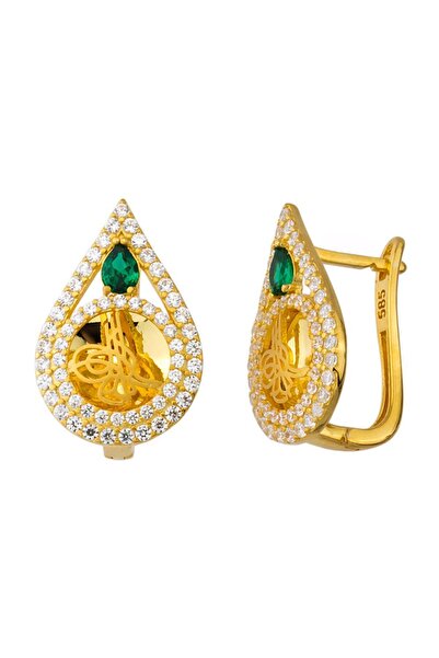Sembol Gold Altın Tuğralı Küpe Damla Zümrütlü