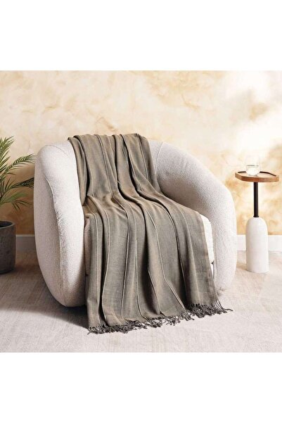 PAN HOME بطانية سيرين ستون مغسولة باللون الزيتوني مع أطراف مهدبة 130×170 سم