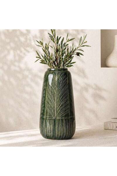 PAN HOME Kazuki Stoneware Fern Etched Vase 18.5x18.5x31.5cm - Green
