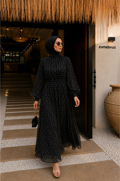 bellura Astarlı Beli Lastikli Puantiye Desenli Şifon Elbise