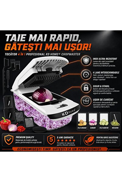 kd home Tocator Legume 4 în 1 Profesional KD Home ChopMaster, Tocător, Inox, 4 lame pentru feliere, Blocare, Alb